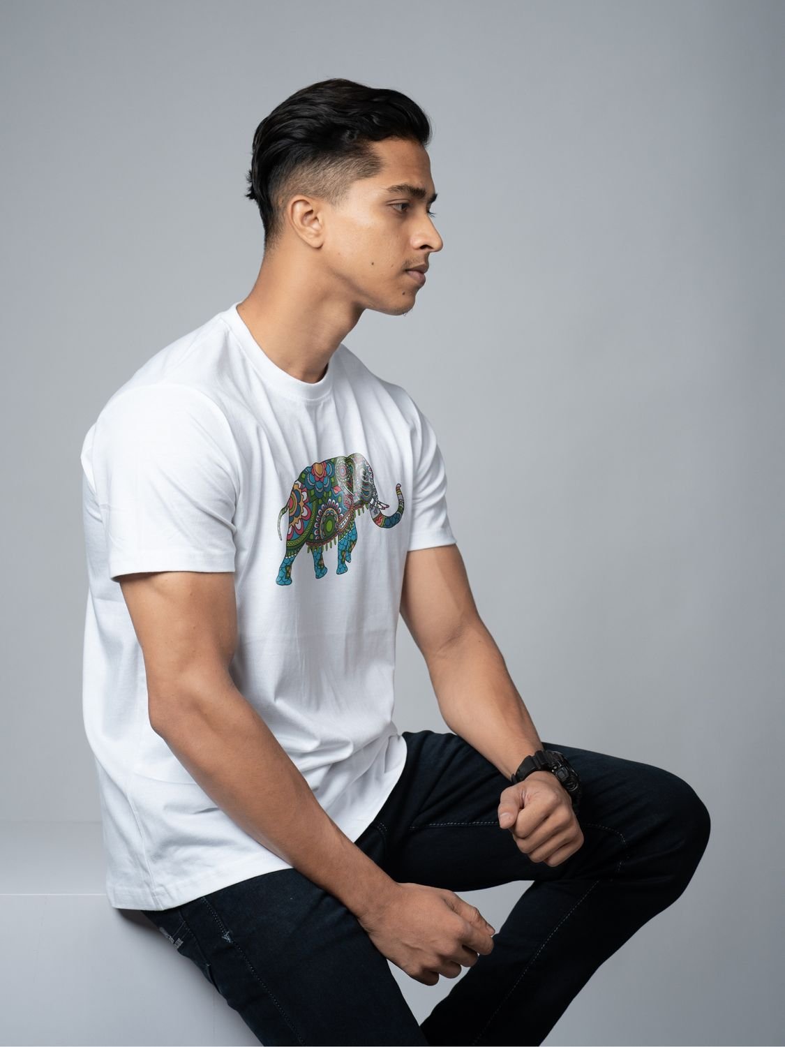 Roads to India® T-Shirt for Men – 100% Cotton Elephant Half Sleeve Round Neck Graphic Print Tee | Unisex Regular & Oversized Fit | 180/220 GSM | S–5XL | White, Yellow, Black