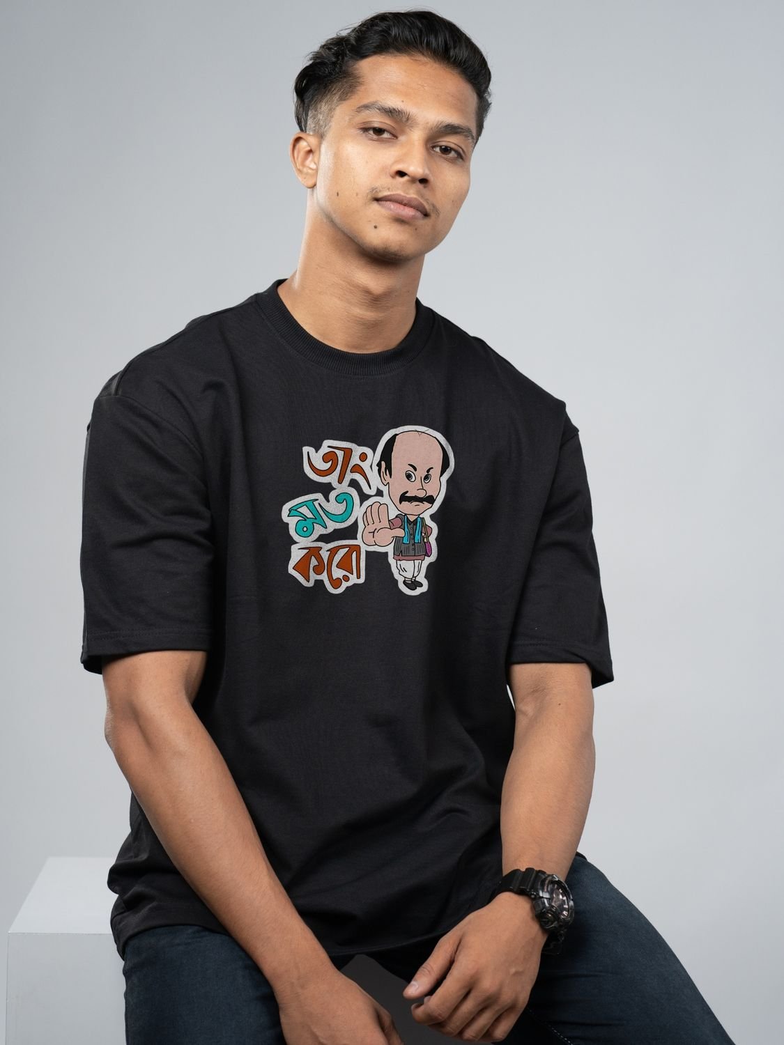 Roads to India® Men's Cotton Casual T-Shirt – Feluda Bengali Quote: Tang Mat Karo Graphic Tee | Unisex Fit (Regular & Oversized) | 180/220 GSM | Half Sleeve, Round Neck | S–5XL | Black