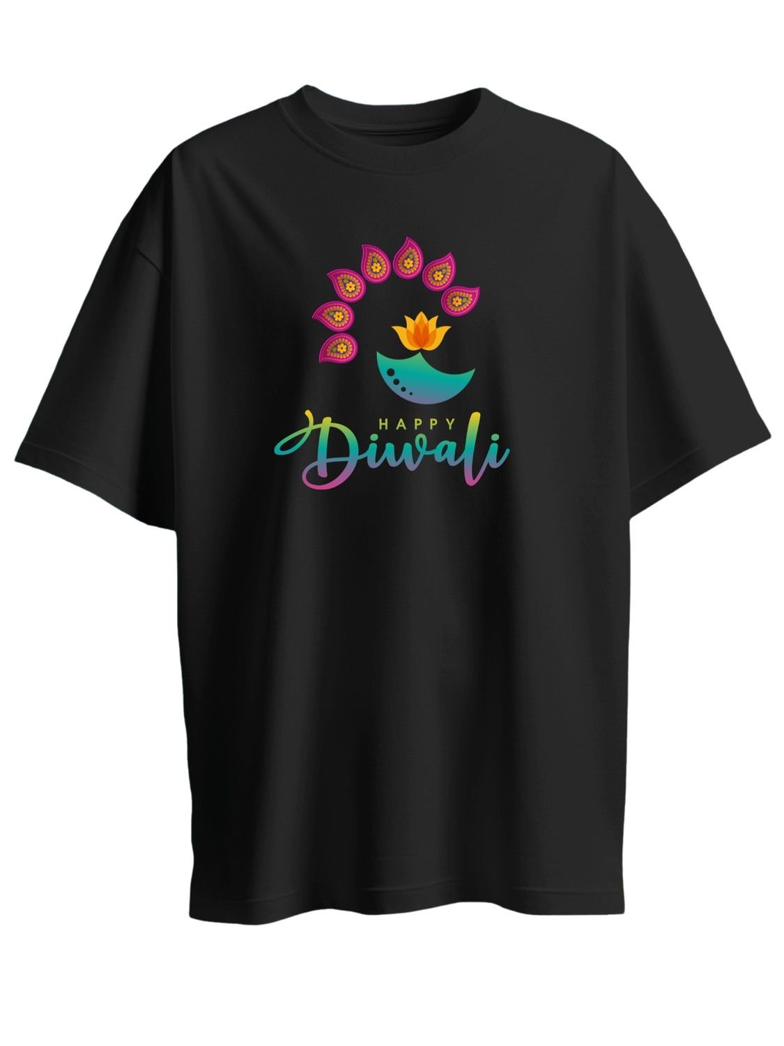 Roads to India® T-Shirt for Men – 100% Cotton Festival of Lights Half Sleeve Round Neck Graphic Print Tee | Unisex Regular & Oversized Fit | 180/220 GSM | S–5XL | Black, White