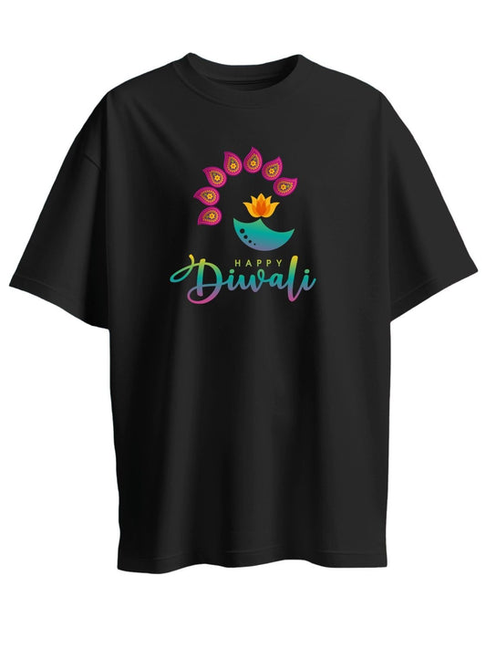 Roads to India® T-Shirt for Men – 100% Cotton Festival of Lights Half Sleeve Round Neck Graphic Print Tee | Unisex Regular & Oversized Fit | 180/220 GSM | S–5XL | Black, White