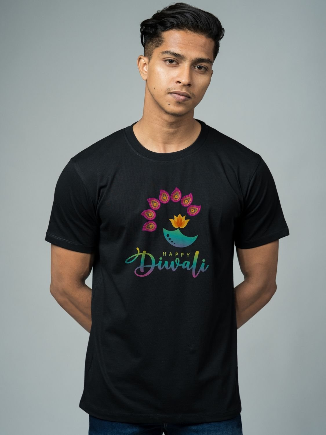 Roads to India® T-Shirt for Men – 100% Cotton Festival of Lights Half Sleeve Round Neck Graphic Print Tee | Unisex Regular & Oversized Fit | 180/220 GSM | S–5XL | Black, White
