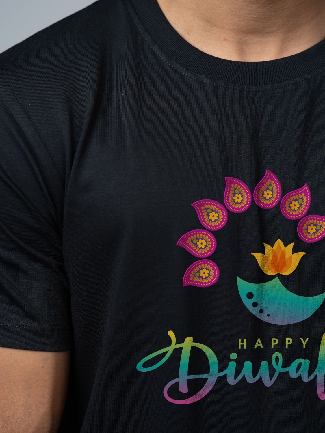 Roads to India® T-Shirt for Men – 100% Cotton Festival of Lights Half Sleeve Round Neck Graphic Print Tee | Unisex Regular & Oversized Fit | 180/220 GSM | S–5XL | Black, White