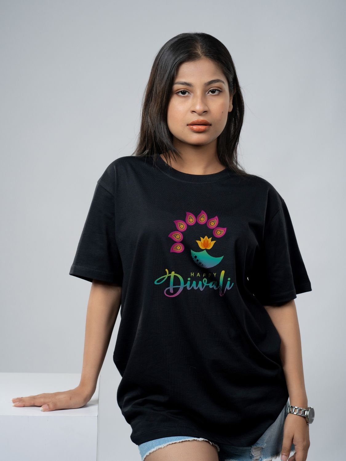Roads to India® T-Shirt for Men – 100% Cotton Festival of Lights Half Sleeve Round Neck Graphic Print Tee | Unisex Regular & Oversized Fit | 180/220 GSM | S–5XL | Black, White