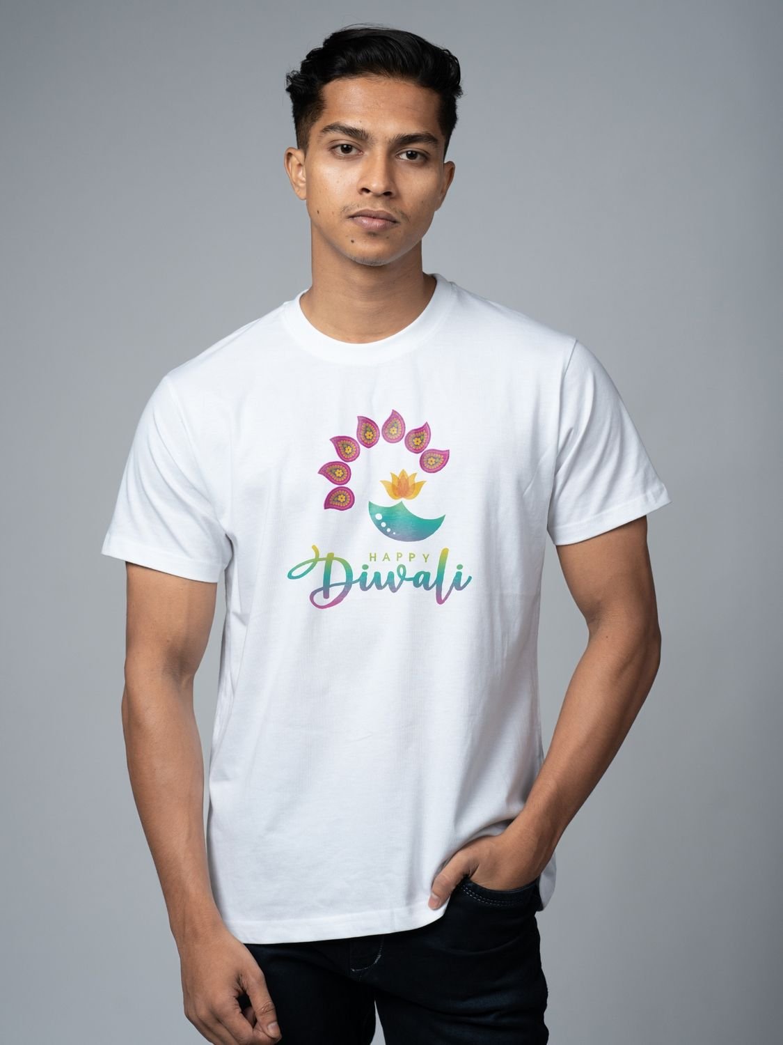 Roads to India® T-Shirt for Men – 100% Cotton Festival of Lights Half Sleeve Round Neck Graphic Print Tee | Unisex Regular & Oversized Fit | 180/220 GSM | S–5XL | Black, White