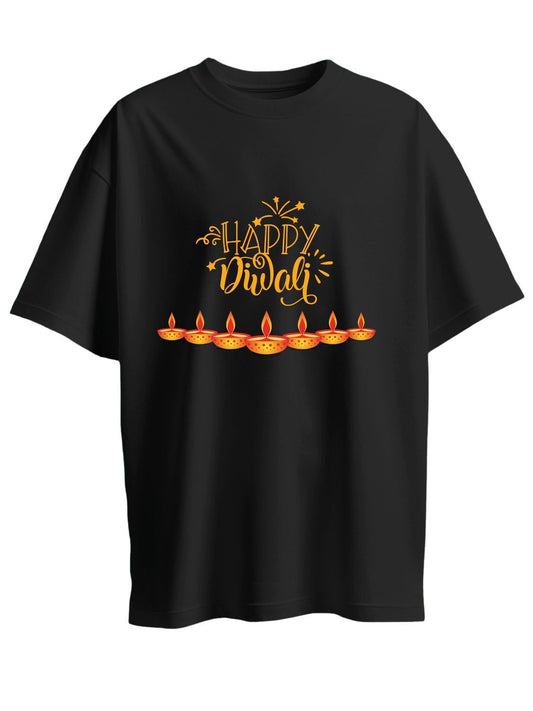 Roads to India® T-Shirt for Men – 100% Cotton Happy Diwali Half Sleeve Round Neck Graphic Print Tee | Unisex Regular & Oversized Fit | 180/220 GSM | S–5XL | Black, Navy Blue, Olive