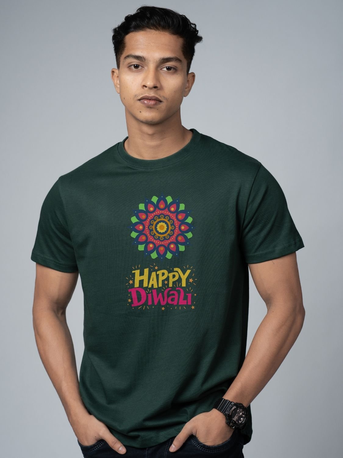 Roads to India® T-Shirt for Men – 100% Cotton Celebrate Diwali Half Sleeve Round Neck Graphic Print Tee | Unisex Regular & Oversized Fit | 180/220 GSM | S–5XL | Black, Navy Blue, Olive Green