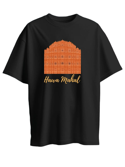 Roads to India® Pure Cotton Regular, Oversized Travel t-shirt for Men - Hawa Mahal Rajasthan - Unisex Round Neck Printed Casual fit Drop Shoulder 180-220 GSM | S - 5XL | Black