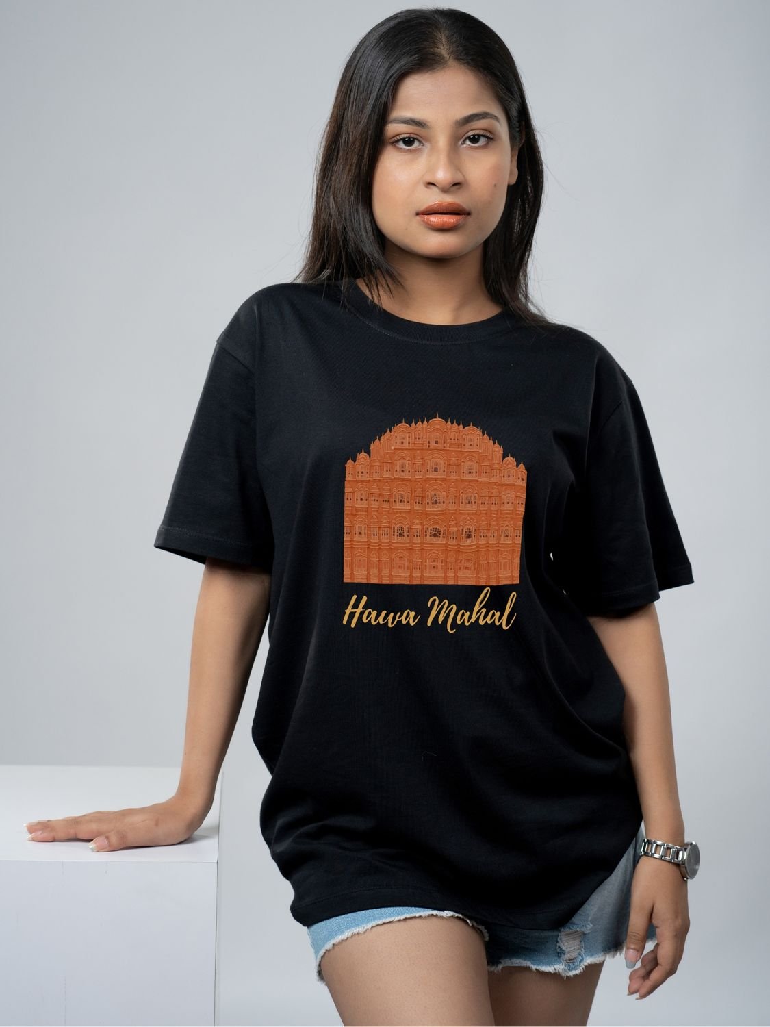 Roads to India® Pure Cotton Regular, Oversized Travel t-shirt for Men - Hawa Mahal Rajasthan - Unisex Round Neck Printed Casual fit Drop Shoulder 180-220 GSM | S - 5XL | Black