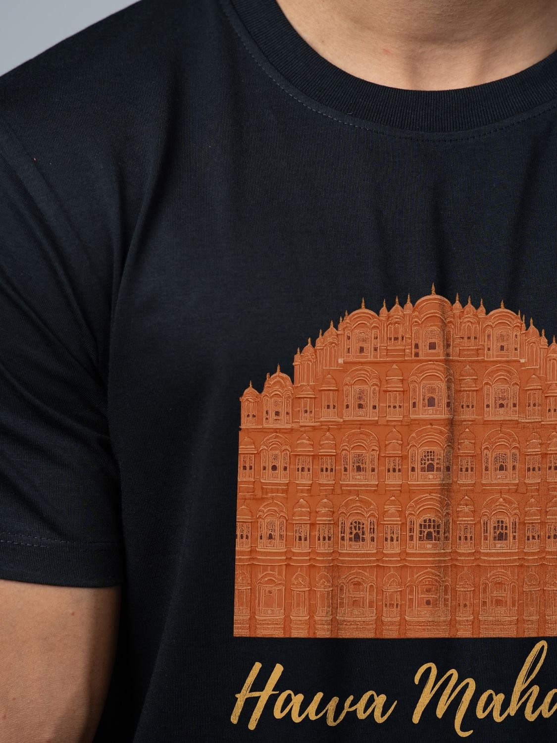 Roads to India® Pure Cotton Regular, Oversized Travel t-shirt for Men - Hawa Mahal Rajasthan - Unisex Round Neck Printed Casual fit Drop Shoulder 180-220 GSM | S - 5XL | Black