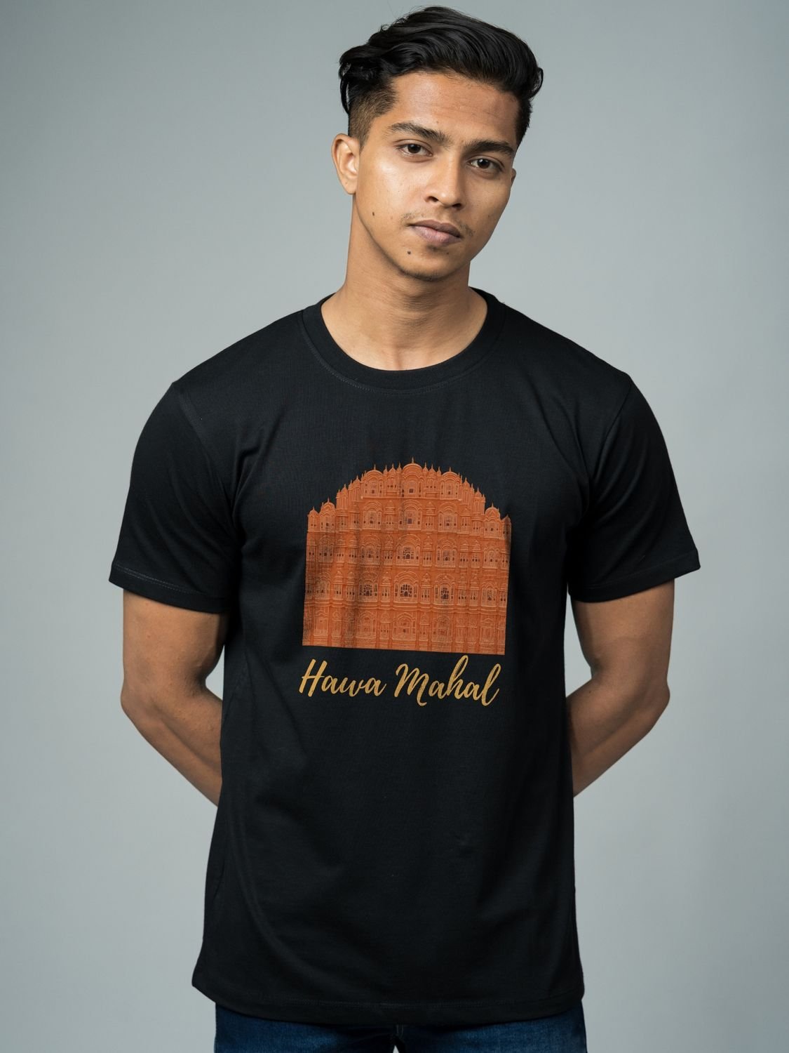 Roads to India® Pure Cotton Regular, Oversized Travel t-shirt for Men - Hawa Mahal Rajasthan - Unisex Round Neck Printed Casual fit Drop Shoulder 180-220 GSM | S - 5XL | Black