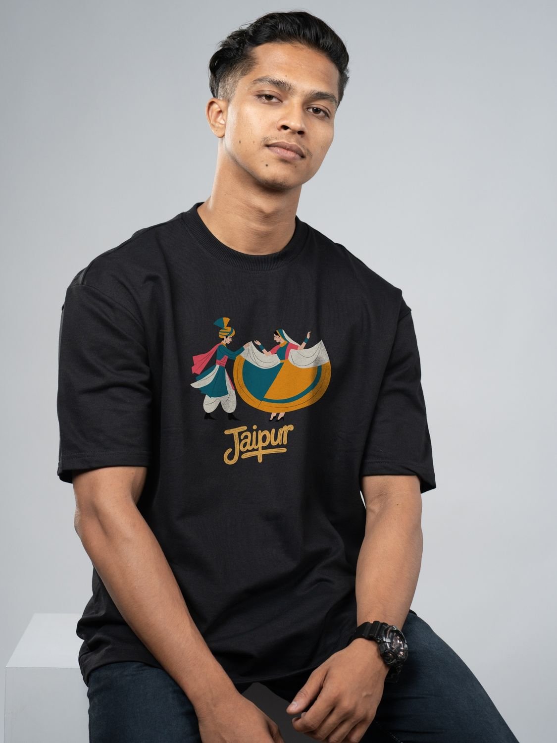 Roads to India® Pure Cotton Regular, Oversized Travel t-shirt for Men - Explore Jaipur Rajasthan - Unisex Round Neck Printed Casual fit Drop Shoulder 180-220 GSM | S - 5XL | Black