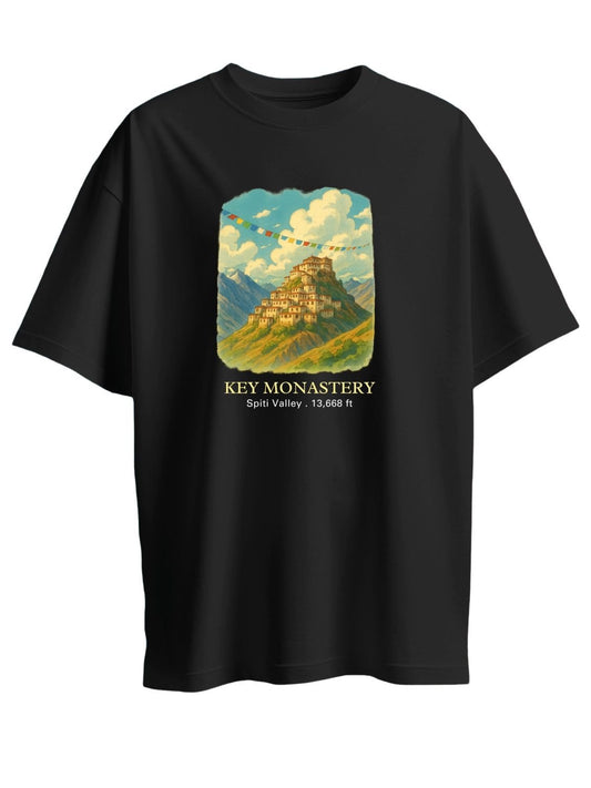 Roads to India® Pure Cotton Regular, Oversized Travel t-shirt for Men - Key Monastery Spiti Valley - Unisex Round Neck Printed Casual fit Drop Shoulder 180-220 GSM | S - 5XL | Black, Blue