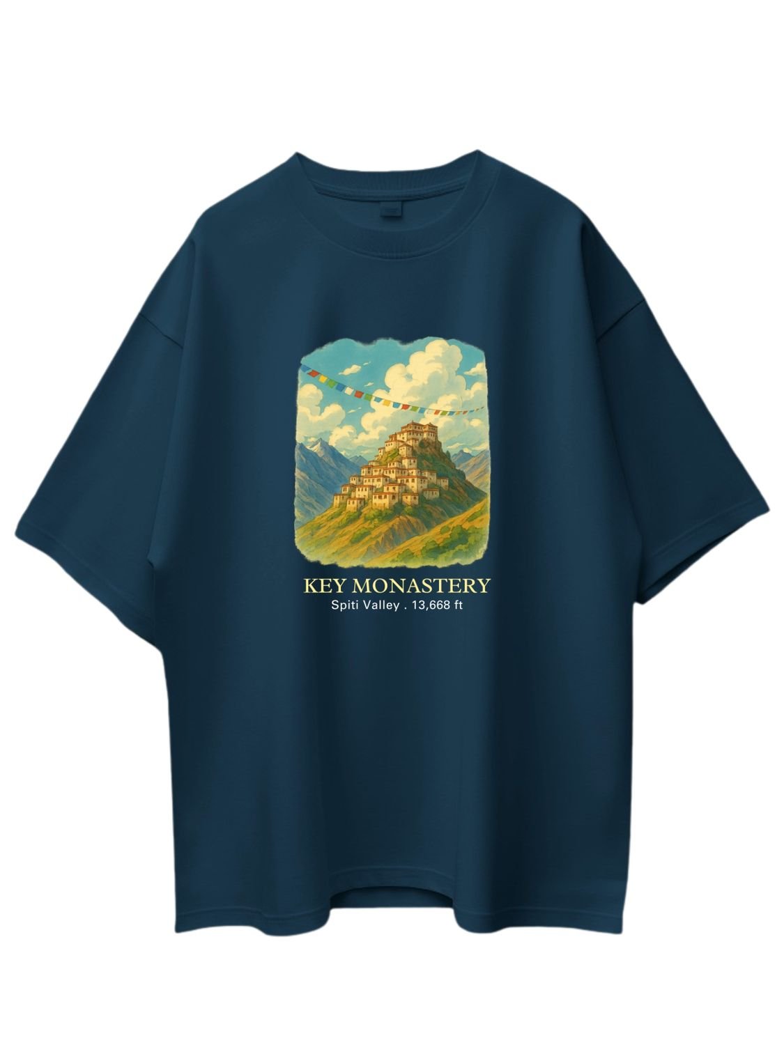 Roads to India® Pure Cotton Regular, Oversized Travel t-shirt for Men - Key Monastery Spiti Valley - Unisex Round Neck Printed Casual fit Drop Shoulder 180-220 GSM | S - 5XL | Black, Blue