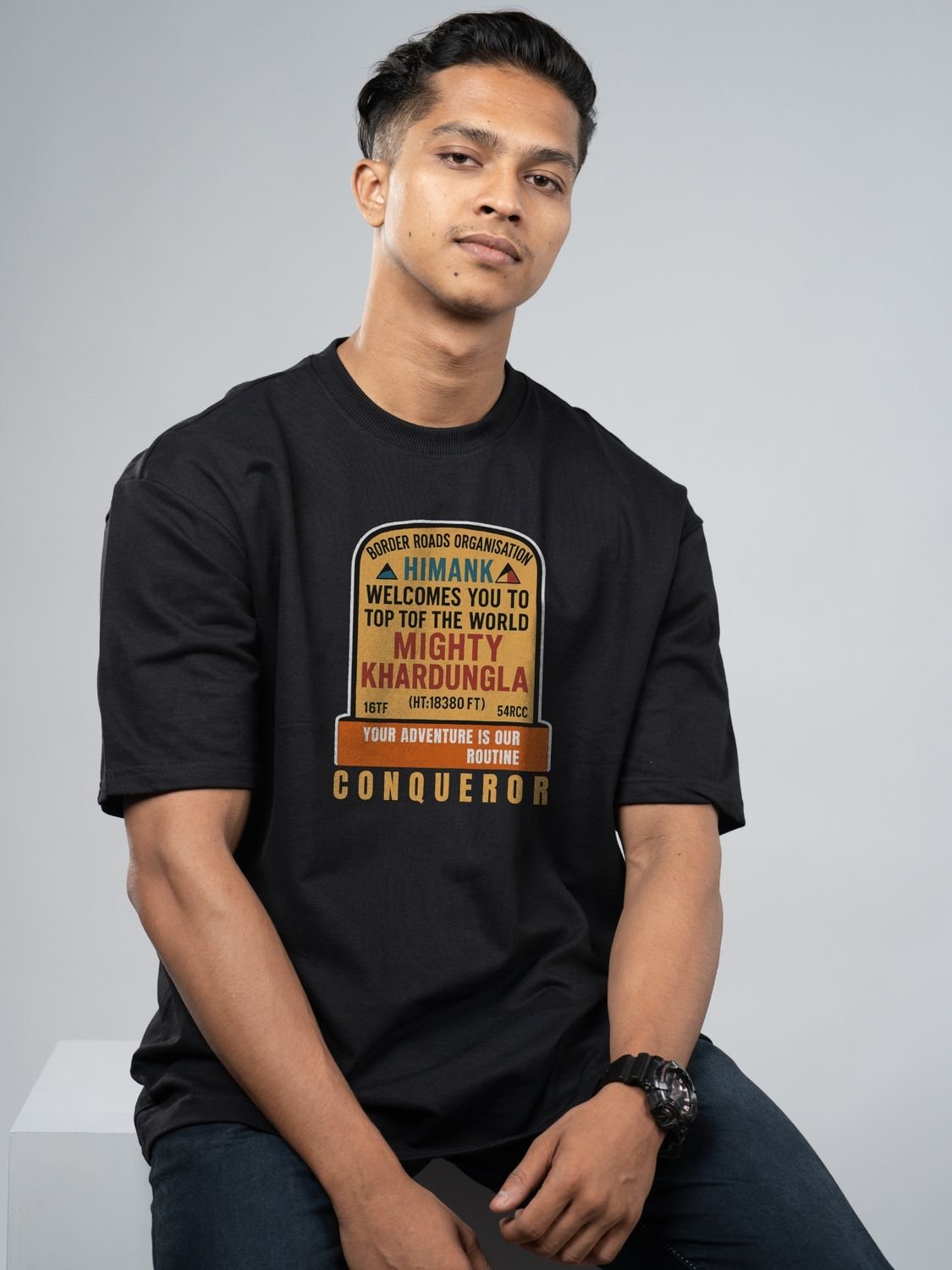 Roads to India® Men's Pure Cotton Trekking T-Shirt – Khardung La Graphic Tee | Unisex Fit (Regular & Oversized) | 180/220 GSM | Half Sleeve, Round Neck | S–5XL | Black, Navy Blue