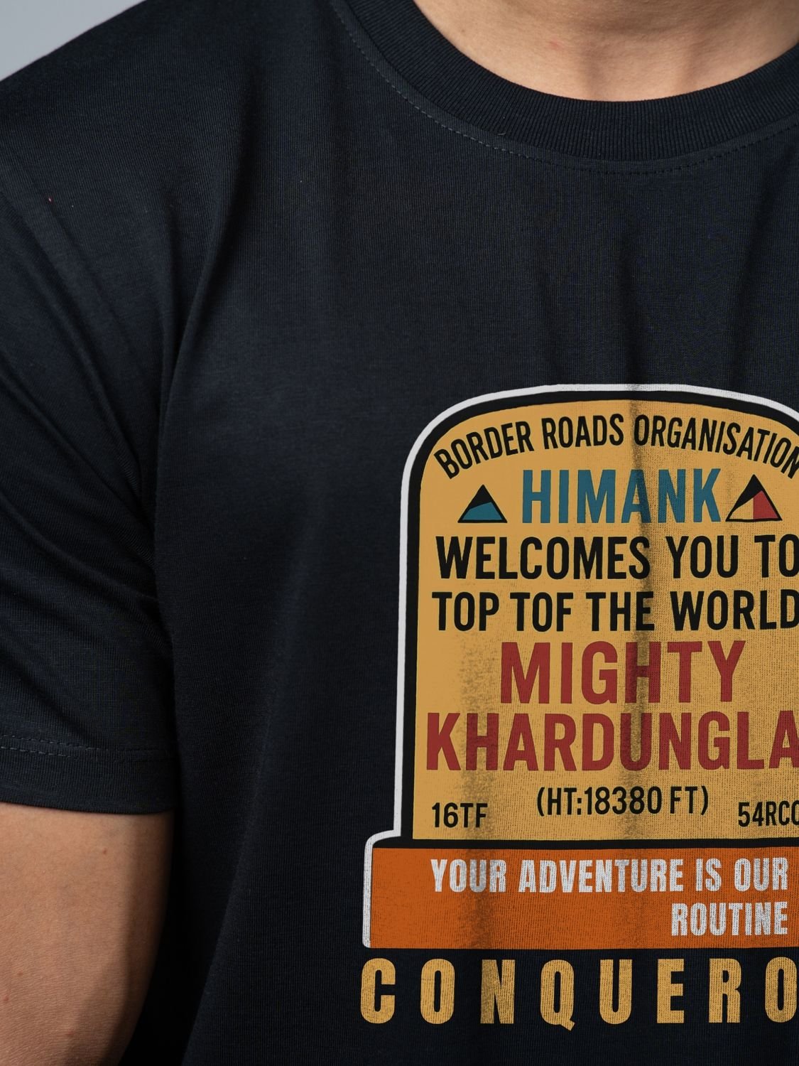 Roads to India® Men's Pure Cotton Trekking T-Shirt – Khardung La Graphic Tee | Unisex Fit (Regular & Oversized) | 180/220 GSM | Half Sleeve, Round Neck | S–5XL | Black, Navy Blue