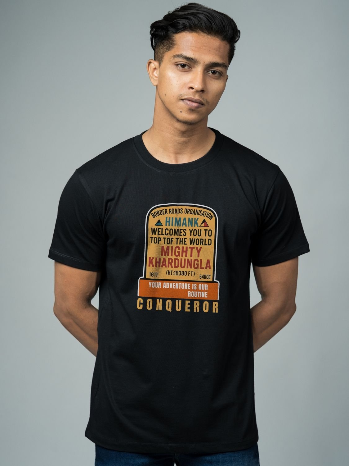 Roads to India® Men's Pure Cotton Trekking T-Shirt – Khardung La Graphic Tee | Unisex Fit (Regular & Oversized) | 180/220 GSM | Half Sleeve, Round Neck | S–5XL | Black, Navy Blue