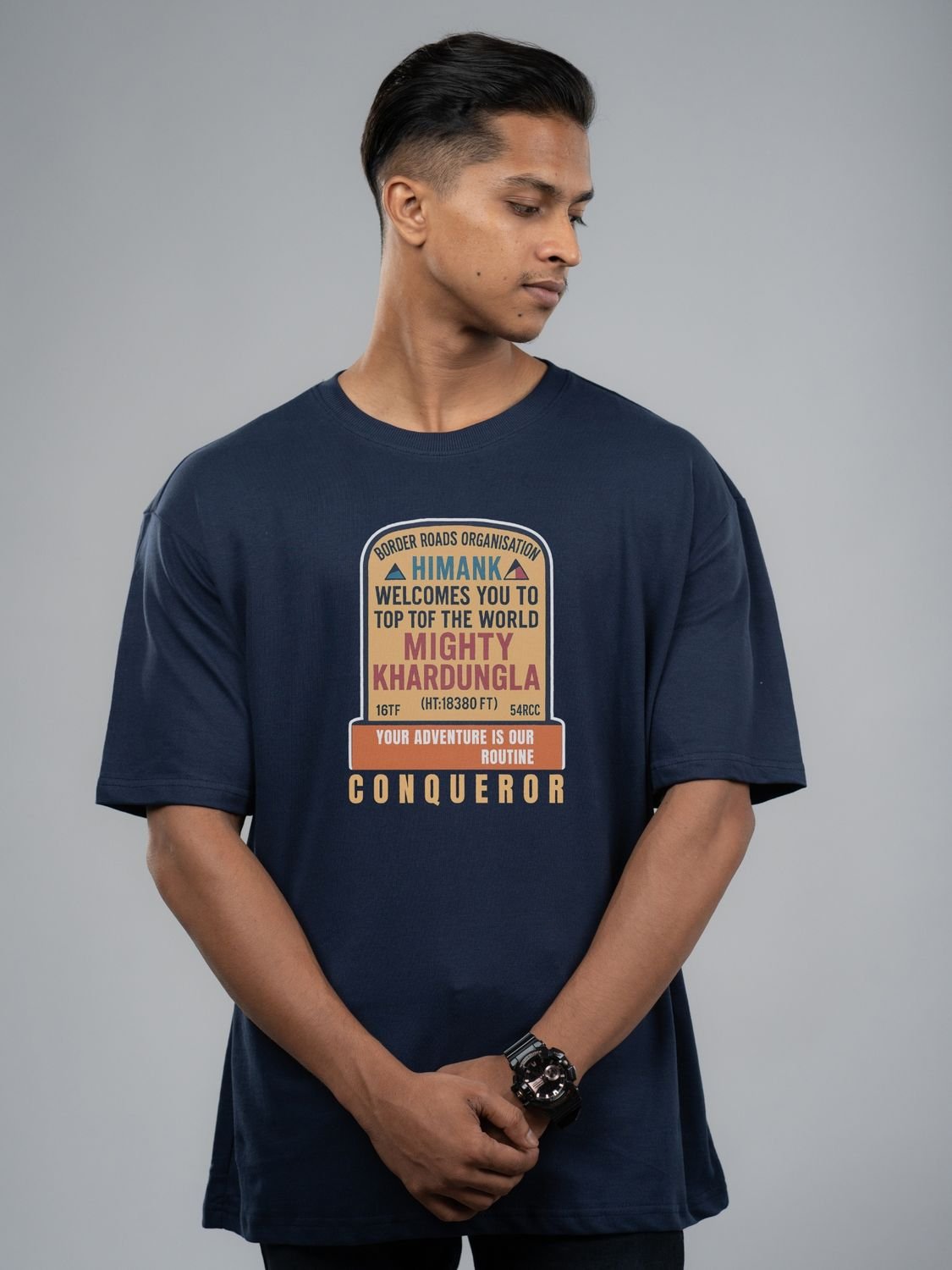Roads to India® Men's Pure Cotton Trekking T-Shirt – Khardung La Graphic Tee | Unisex Fit (Regular & Oversized) | 180/220 GSM | Half Sleeve, Round Neck | S–5XL | Black, Navy Blue