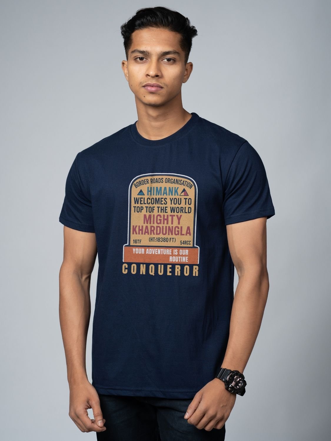 Roads to India® Men's Pure Cotton Trekking T-Shirt – Khardung La Graphic Tee | Unisex Fit (Regular & Oversized) | 180/220 GSM | Half Sleeve, Round Neck | S–5XL | Black, Navy Blue