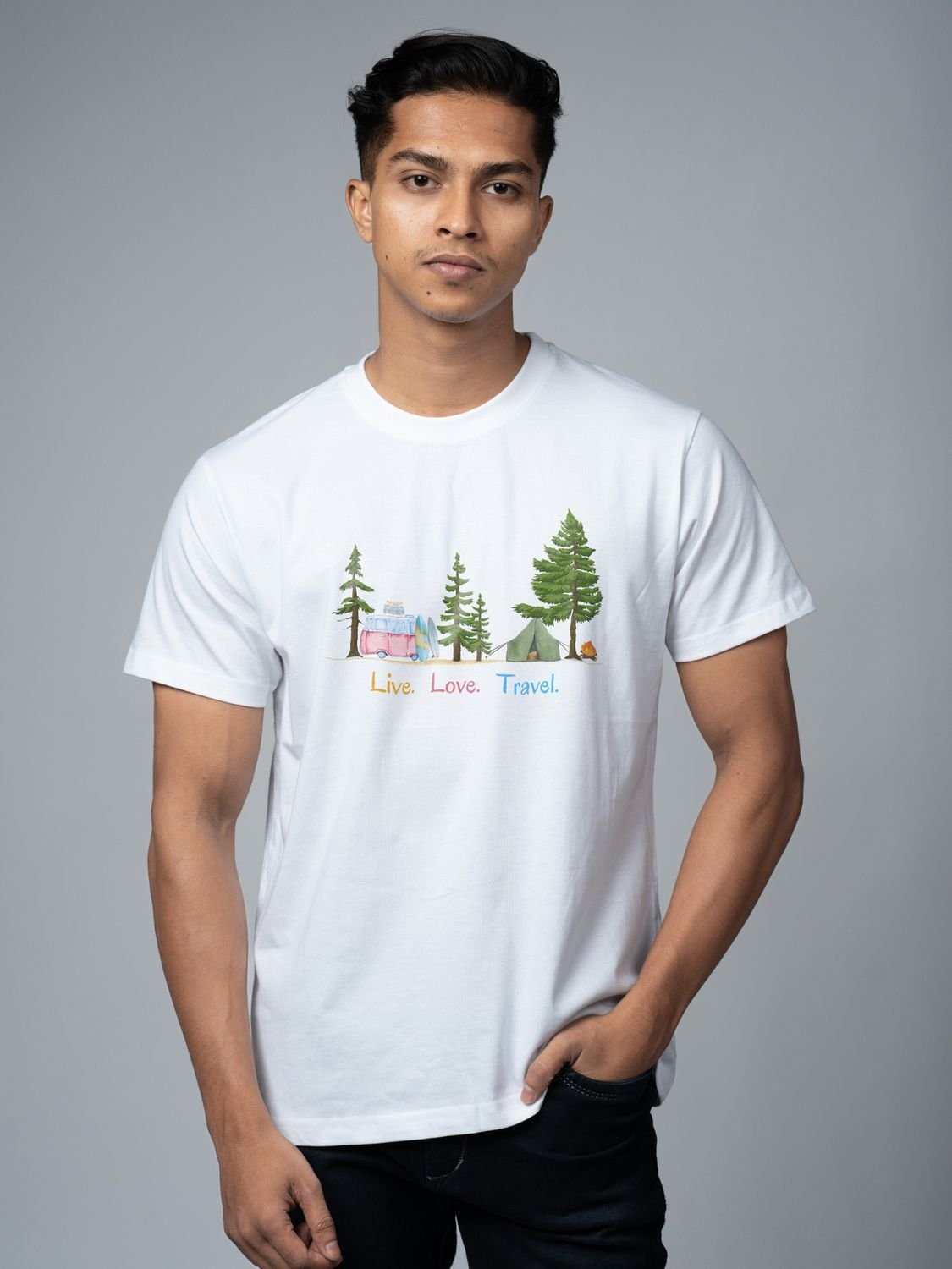 Roads to India® Cotton T-Shirt for Men – Live Life Travel Graphic Print Tee | Half Sleeve Round Neck | Unisex Regular & Oversized Fit | 180/220 GSM | Black, Grey, White | S to 5XL