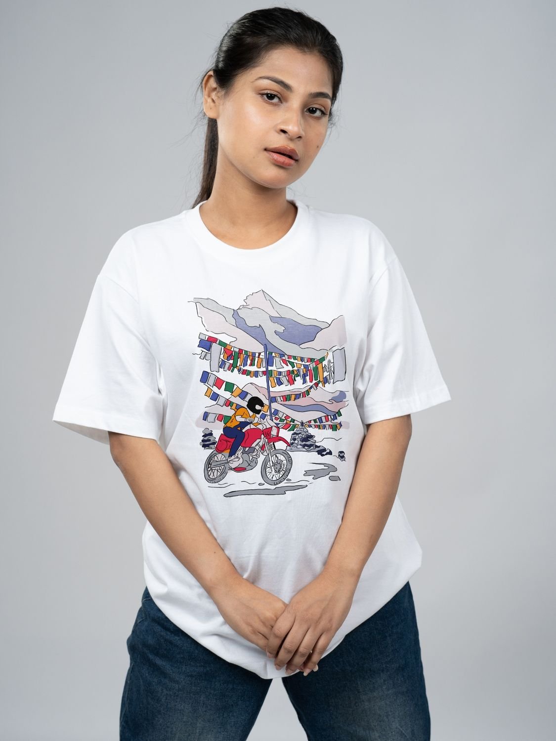 Roads to India® Men's Cotton Trekking T-Shirt – Ladakh Adventure Graphic Tee | Unisex Fit (Regular & Oversized) | 180/220 GSM | Half Sleeve, Round Neck | S–5XL | White