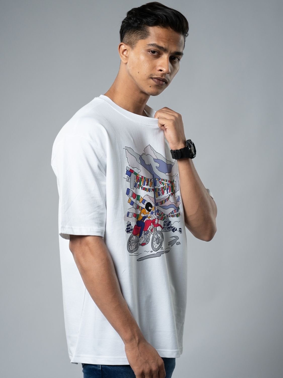 Roads to India® Men's Cotton Trekking T-Shirt – Ladakh Adventure Graphic Tee | Unisex Fit (Regular & Oversized) | 180/220 GSM | Half Sleeve, Round Neck | S–5XL | White