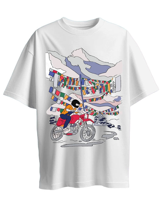 Roads to India® Men's Cotton Trekking T-Shirt – Ladakh Adventure Graphic Tee | Unisex Fit (Regular & Oversized) | 180/220 GSM | Half Sleeve, Round Neck | S–5XL | White