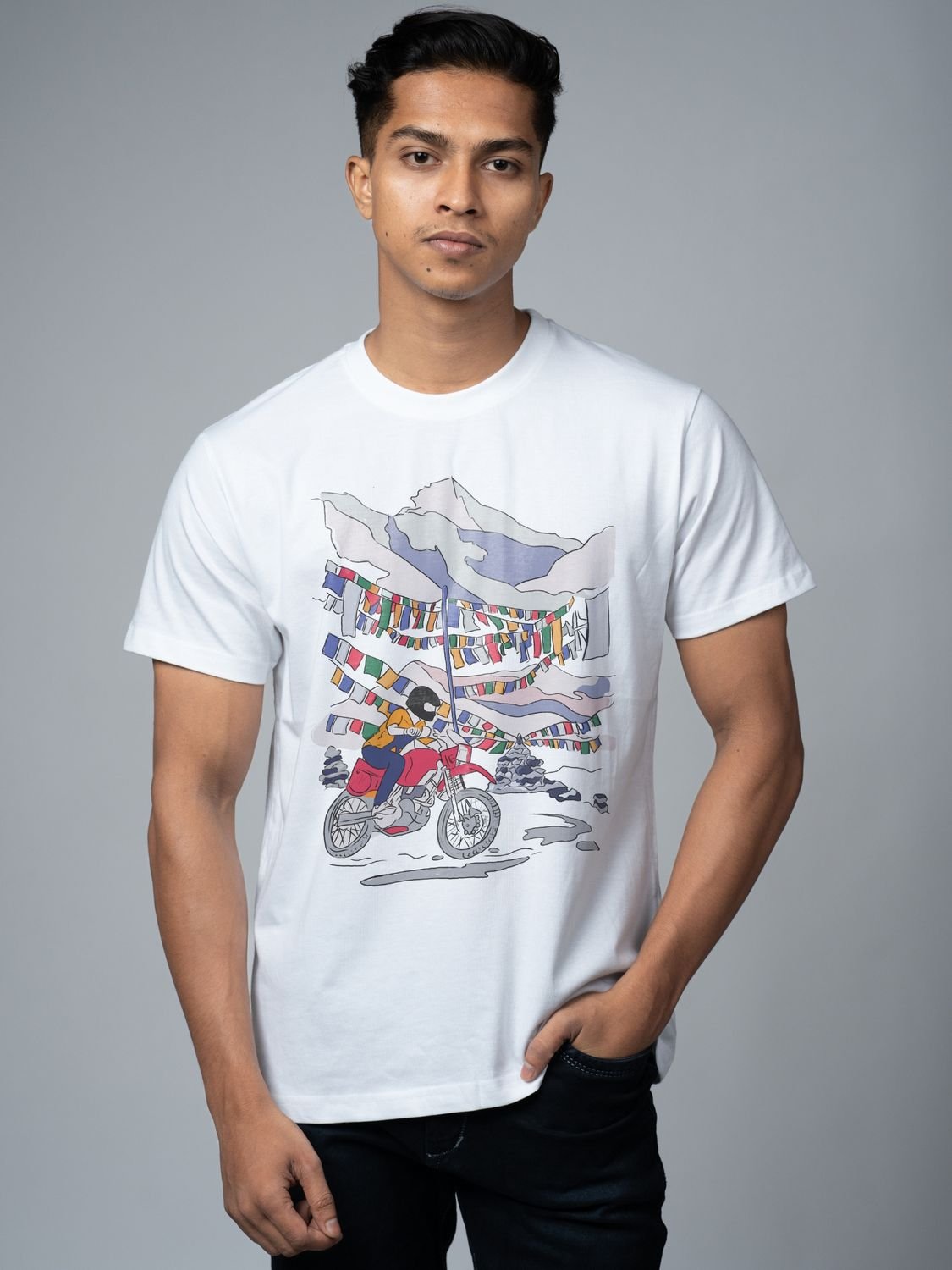 Roads to India® Men's Cotton Trekking T-Shirt – Ladakh Adventure Graphic Tee | Unisex Fit (Regular & Oversized) | 180/220 GSM | Half Sleeve, Round Neck | S–5XL | White