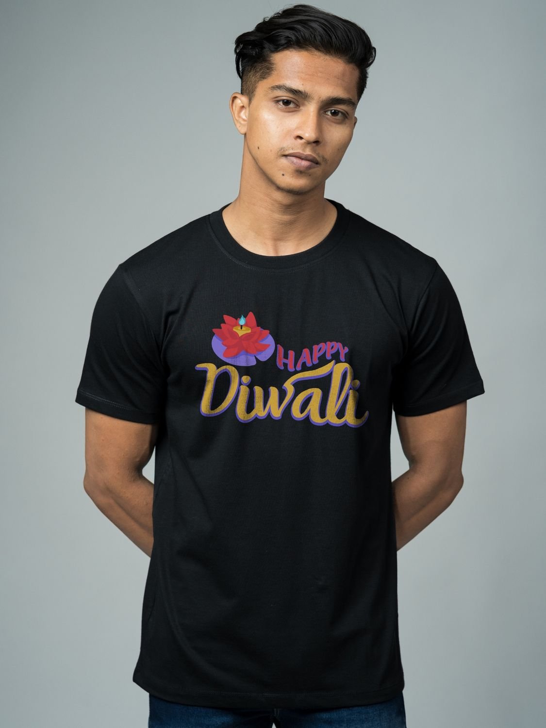 Roads to India® T-Shirt for Men – 100% Cotton Diwali Celebration Half Sleeve Round Neck Graphic Print Tee | Unisex Regular & Oversized Fit | 180/220 GSM | S–5XL | Black