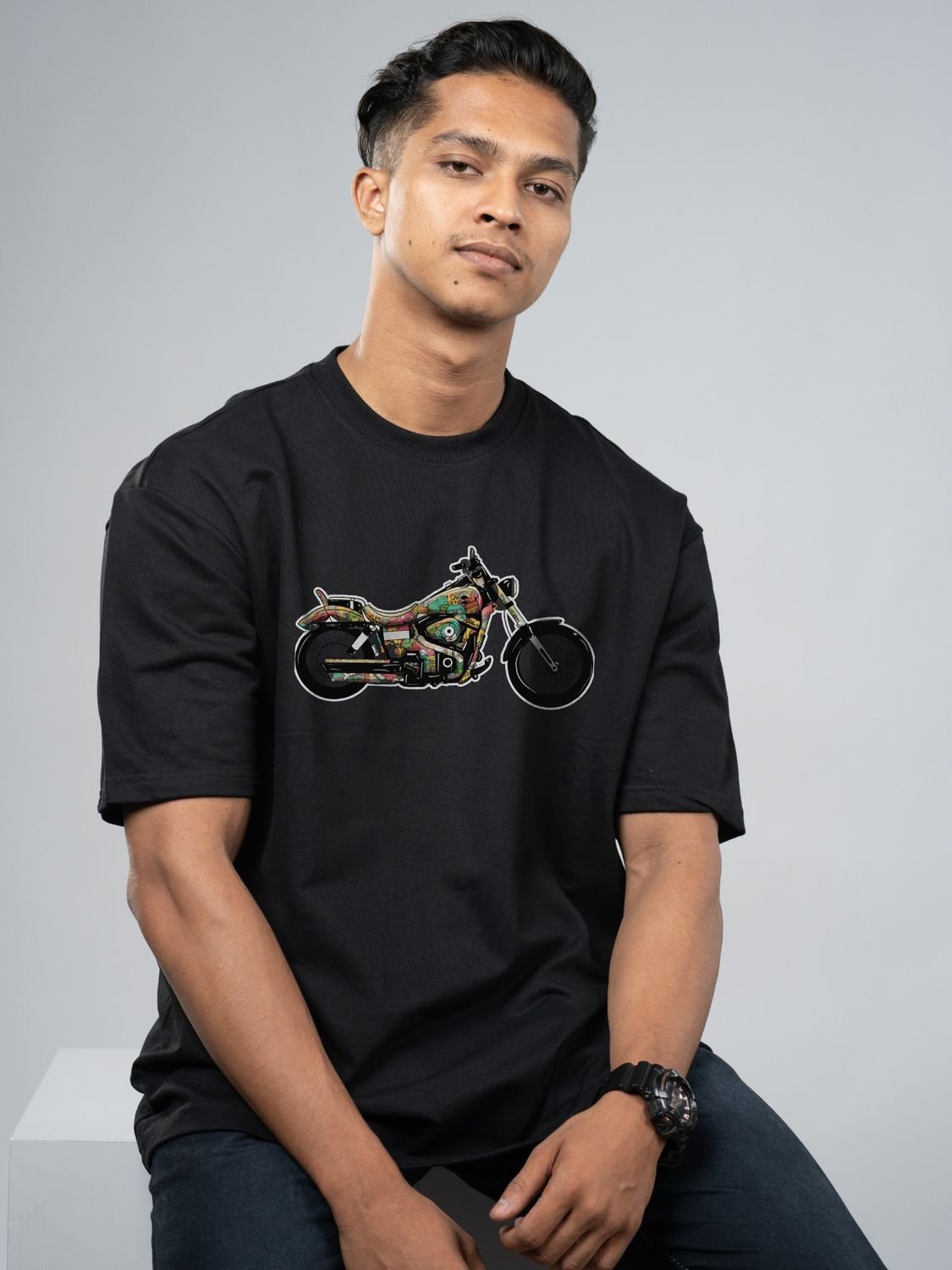 Roads to India® T-Shirt for Men – 100% Cotton Motorcycle Doodle Half Sleeve Round Neck Graphic Print Tee | Regular & Oversized Fit | 180/220 GSM | S–5XL | Navy Blue, Black