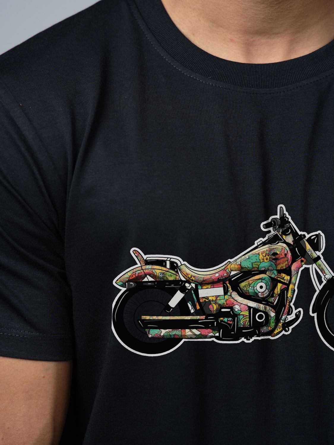 Roads to India® T-Shirt for Men – 100% Cotton Motorcycle Doodle Half Sleeve Round Neck Graphic Print Tee | Regular & Oversized Fit | 180/220 GSM | S–5XL | Navy Blue, Black