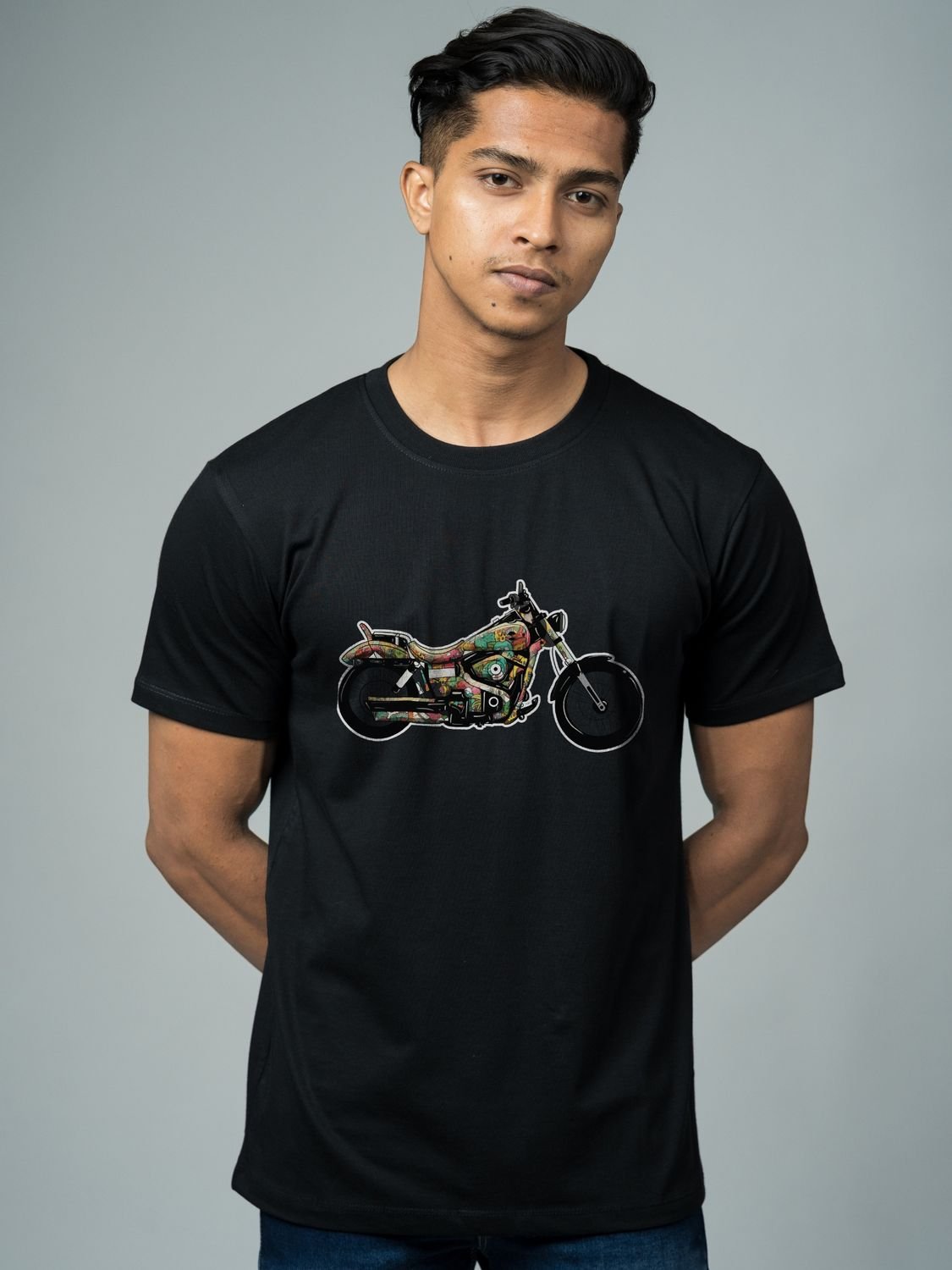Roads to India® T-Shirt for Men – 100% Cotton Motorcycle Doodle Half Sleeve Round Neck Graphic Print Tee | Regular & Oversized Fit | 180/220 GSM | S–5XL | Navy Blue, Black