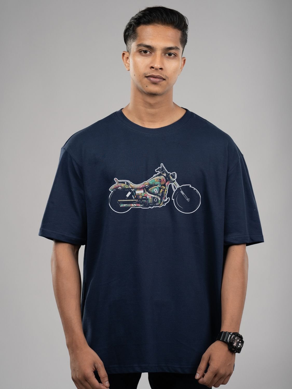 Roads to India® T-Shirt for Men – 100% Cotton Motorcycle Doodle Half Sleeve Round Neck Graphic Print Tee | Regular & Oversized Fit | 180/220 GSM | S–5XL | Navy Blue, Black