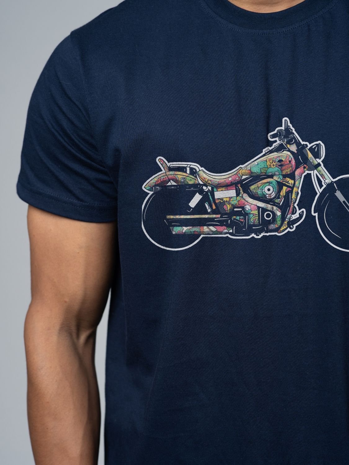Roads to India® T-Shirt for Men – 100% Cotton Motorcycle Doodle Half Sleeve Round Neck Graphic Print Tee | Regular & Oversized Fit | 180/220 GSM | S–5XL | Navy Blue, Black