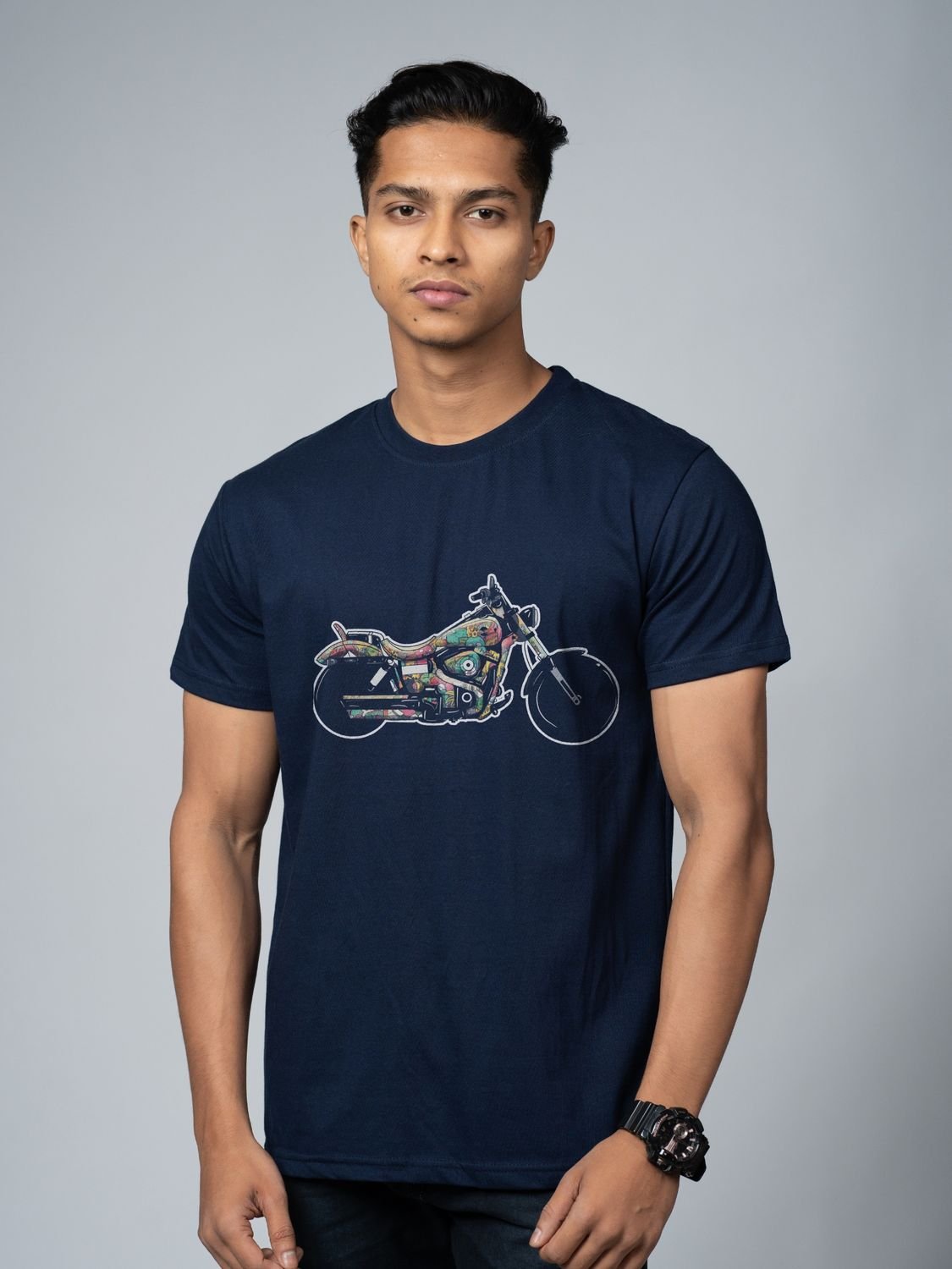 Roads to India® T-Shirt for Men – 100% Cotton Motorcycle Doodle Half Sleeve Round Neck Graphic Print Tee | Regular & Oversized Fit | 180/220 GSM | S–5XL | Navy Blue, Black