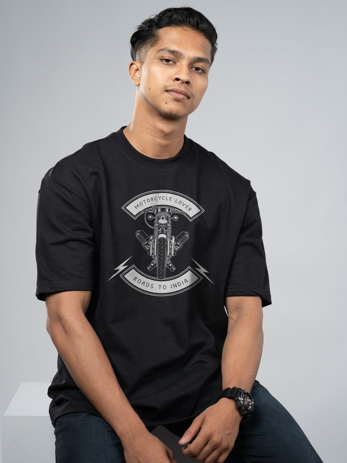 Roads to India® T-Shirt for Men – 100% Cotton Motorcycle Lover Half Sleeve Round Neck Graphic Print Tee | Regular & Oversized Fit | 180/220 GSM | S–5XL | Navy Blue, Red, Olive Green, Black