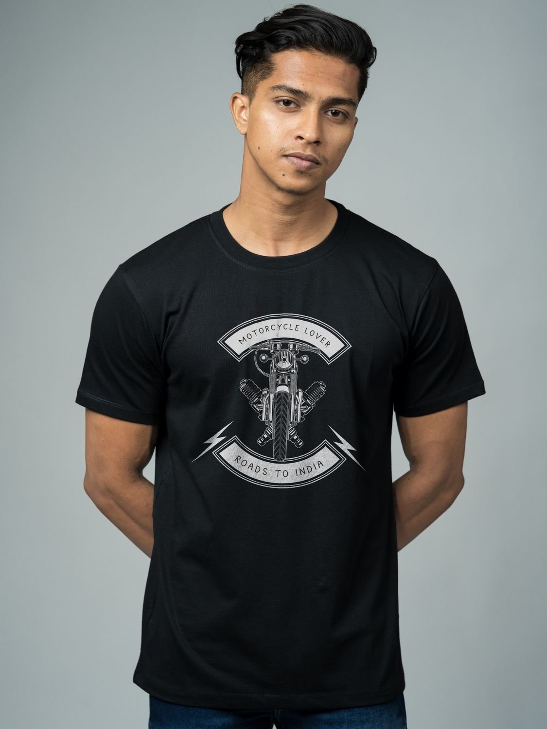 Roads to India® T-Shirt for Men – 100% Cotton Motorcycle Lover Half Sleeve Round Neck Graphic Print Tee | Regular & Oversized Fit | 180/220 GSM | S–5XL | Navy Blue, Red, Olive Green, Black