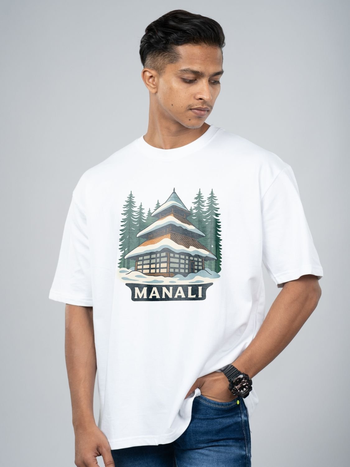 Roads to India® Pure Cotton Regular, Oversized Travel t-shirt for Men - Manali - Unisex Round Neck Printed Casual fit Drop Shoulder 180-220 GSM | S - 5XL | Black, White