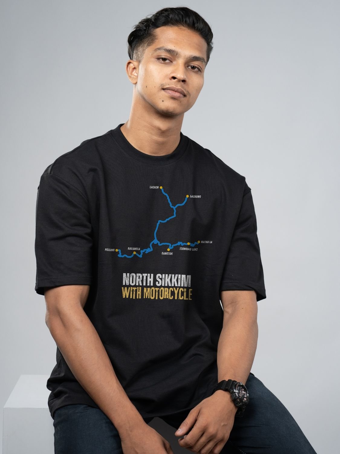 Roads to India® Men's Cotton Motorcycle T-Shirt – North Sikkim with Motorcycle Graphic Tee | Unisex Fit (Regular & Oversized) | 180/220 GSM | Half Sleeve, Round Neck | S–5XL | Black, Navy Blue