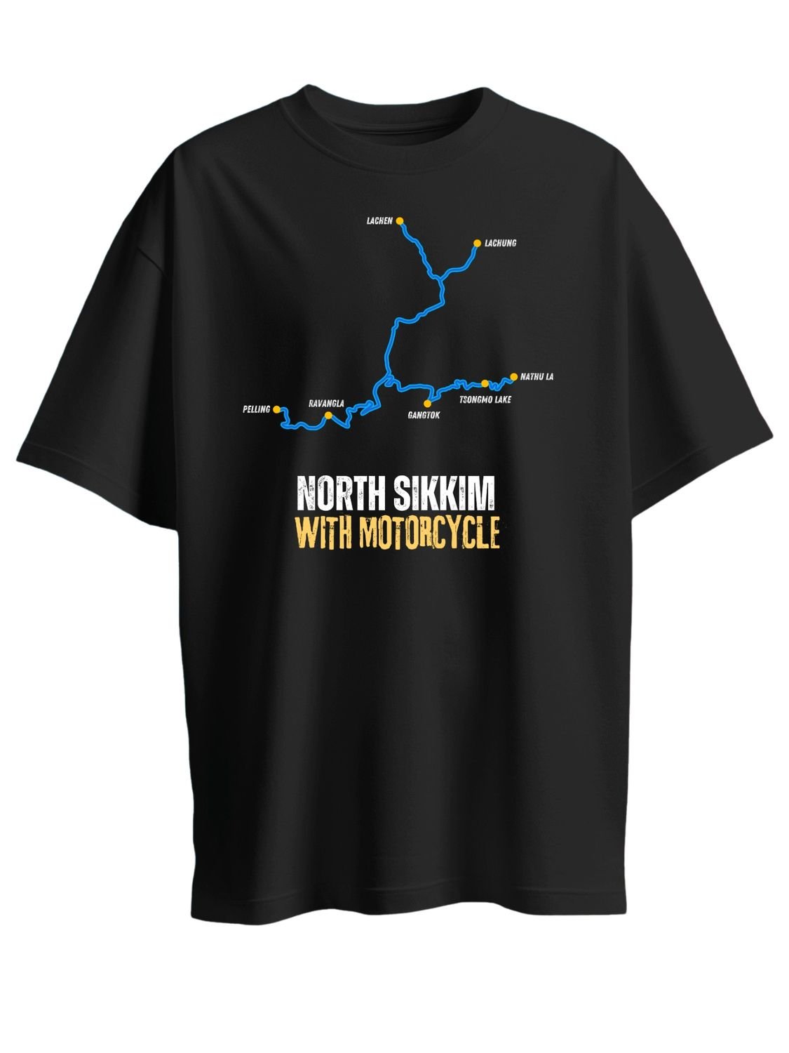 Roads to India® Men's Cotton Motorcycle T-Shirt – North Sikkim with Motorcycle Graphic Tee | Unisex Fit (Regular & Oversized) | 180/220 GSM | Half Sleeve, Round Neck | S–5XL | Black, Navy Blue