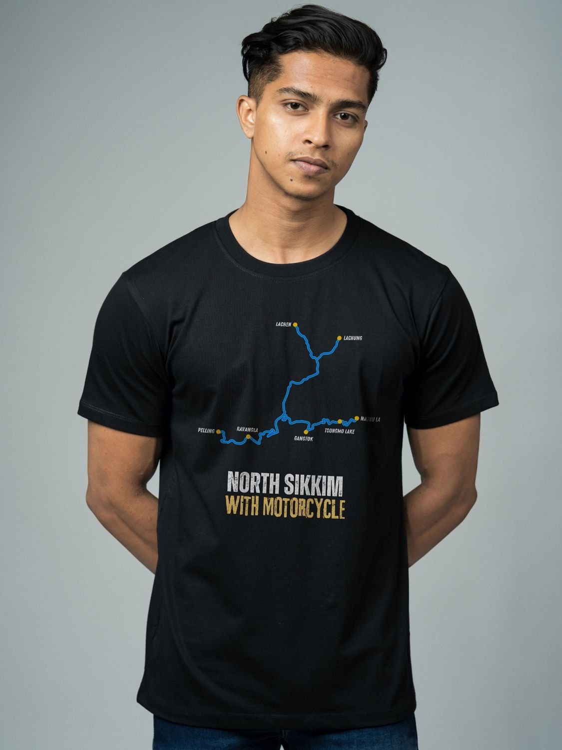 Roads to India® Men's Cotton Motorcycle T-Shirt – North Sikkim with Motorcycle Graphic Tee | Unisex Fit (Regular & Oversized) | 180/220 GSM | Half Sleeve, Round Neck | S–5XL | Black, Navy Blue