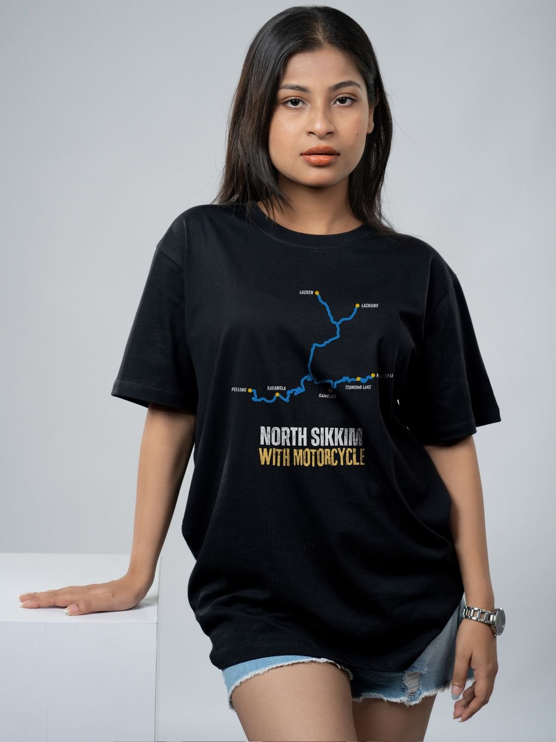 Roads to India® Men's Cotton Motorcycle T-Shirt – North Sikkim with Motorcycle Graphic Tee | Unisex Fit (Regular & Oversized) | 180/220 GSM | Half Sleeve, Round Neck | S–5XL | Black, Navy Blue