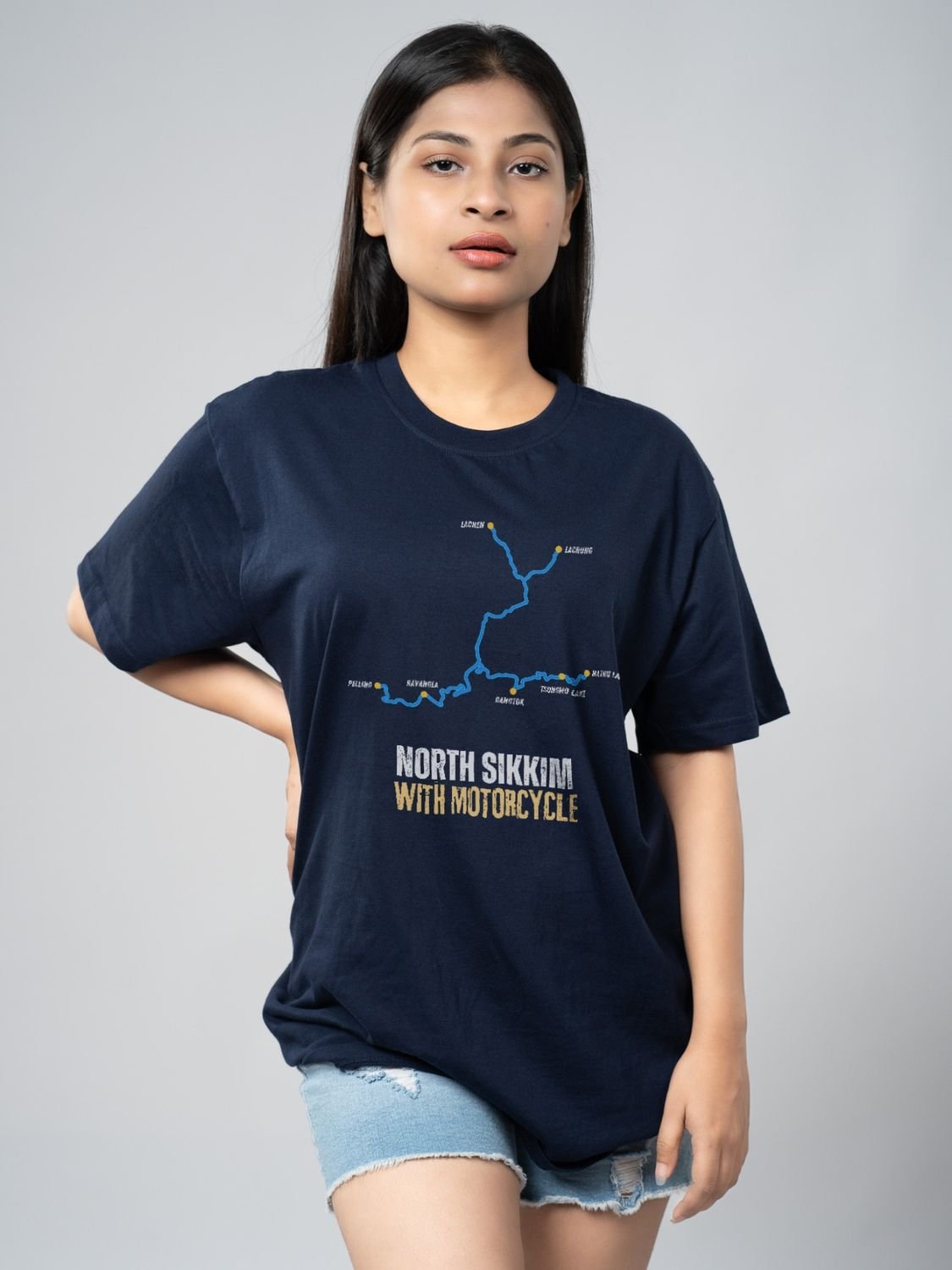 Roads to India® Men's Cotton Motorcycle T-Shirt – North Sikkim with Motorcycle Graphic Tee | Unisex Fit (Regular & Oversized) | 180/220 GSM | Half Sleeve, Round Neck | S–5XL | Black, Navy Blue