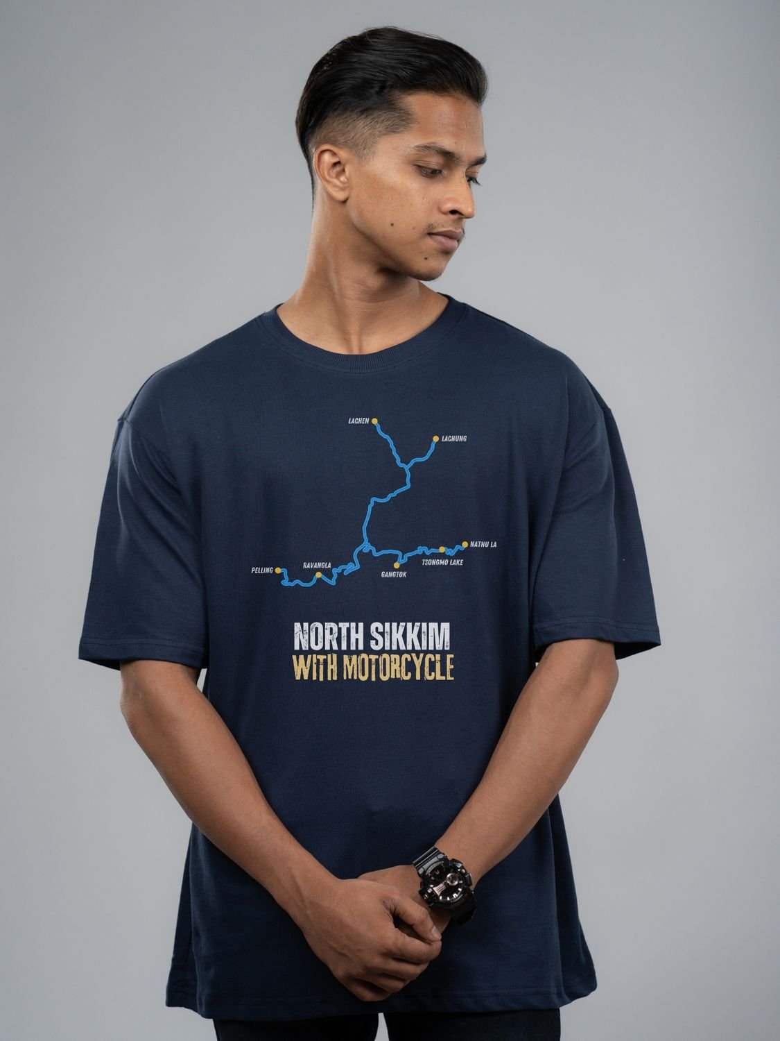 Roads to India® Men's Cotton Motorcycle T-Shirt – North Sikkim with Motorcycle Graphic Tee | Unisex Fit (Regular & Oversized) | 180/220 GSM | Half Sleeve, Round Neck | S–5XL | Black, Navy Blue