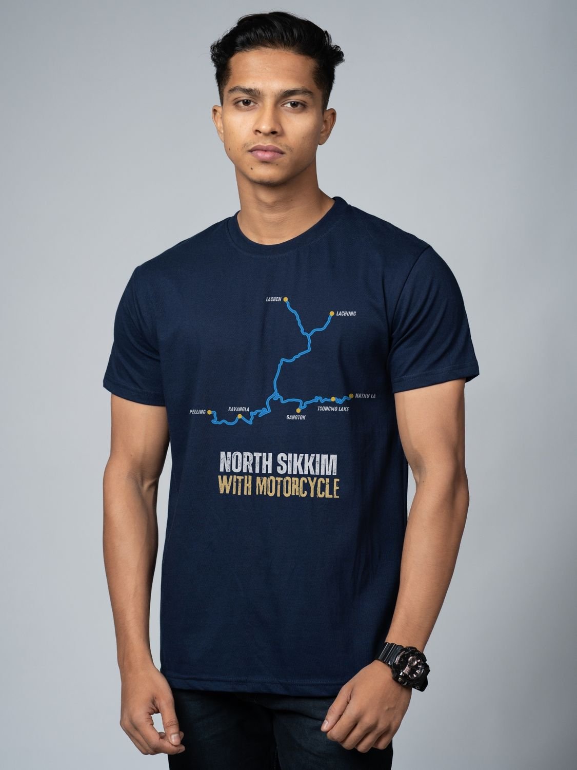 Roads to India® Men's Cotton Motorcycle T-Shirt – North Sikkim with Motorcycle Graphic Tee | Unisex Fit (Regular & Oversized) | 180/220 GSM | Half Sleeve, Round Neck | S–5XL | Black, Navy Blue