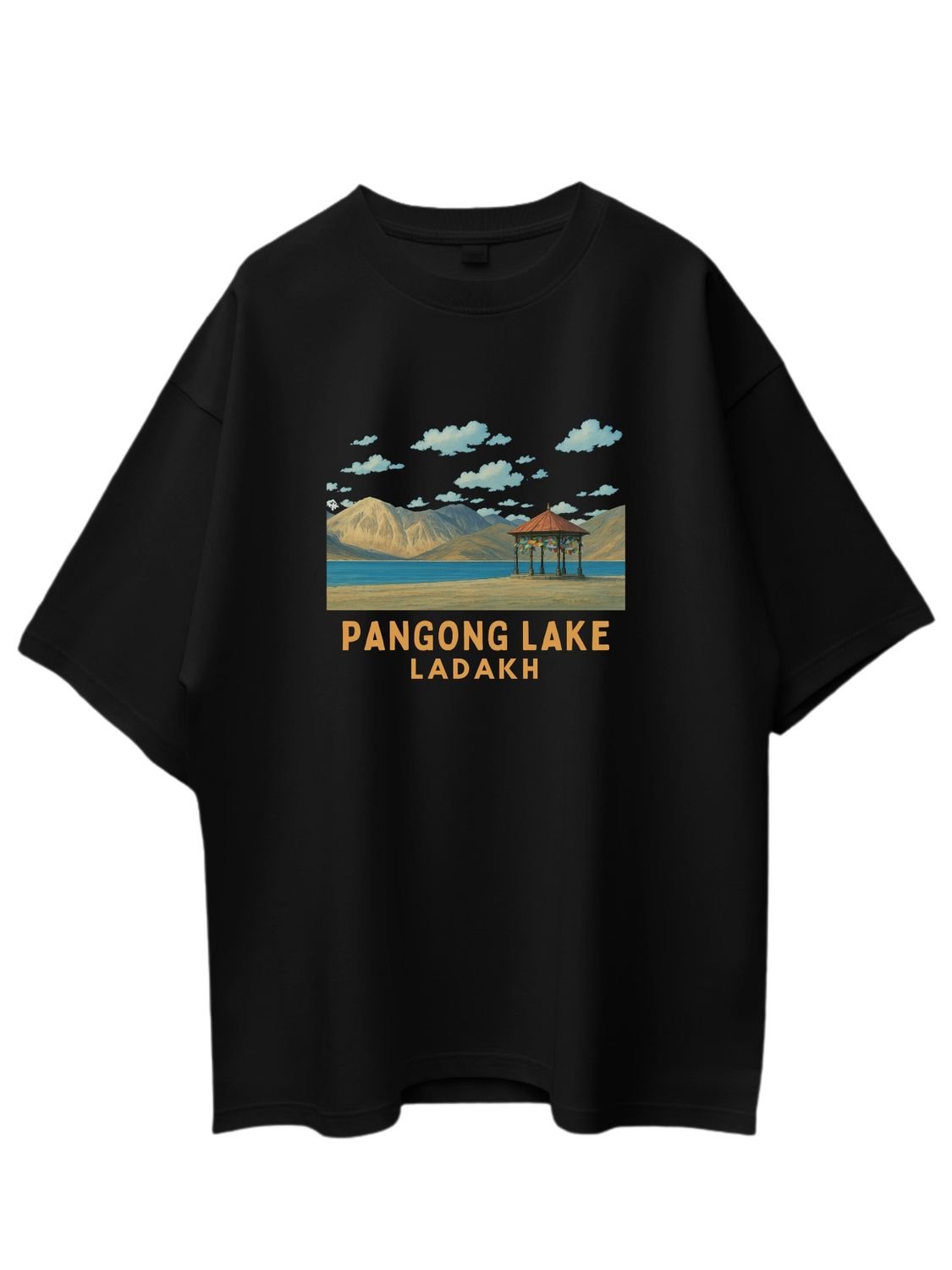 Roads to India® Men's Pure Cotton Travel T-Shirt – Pangong Tso Graphic Tee | Drop Shoulder, Unisex Regular & Oversized | 180/220 GSM | Half Sleeve, Round Neck | Sizes S–5XL | Black, Blue, White, Red