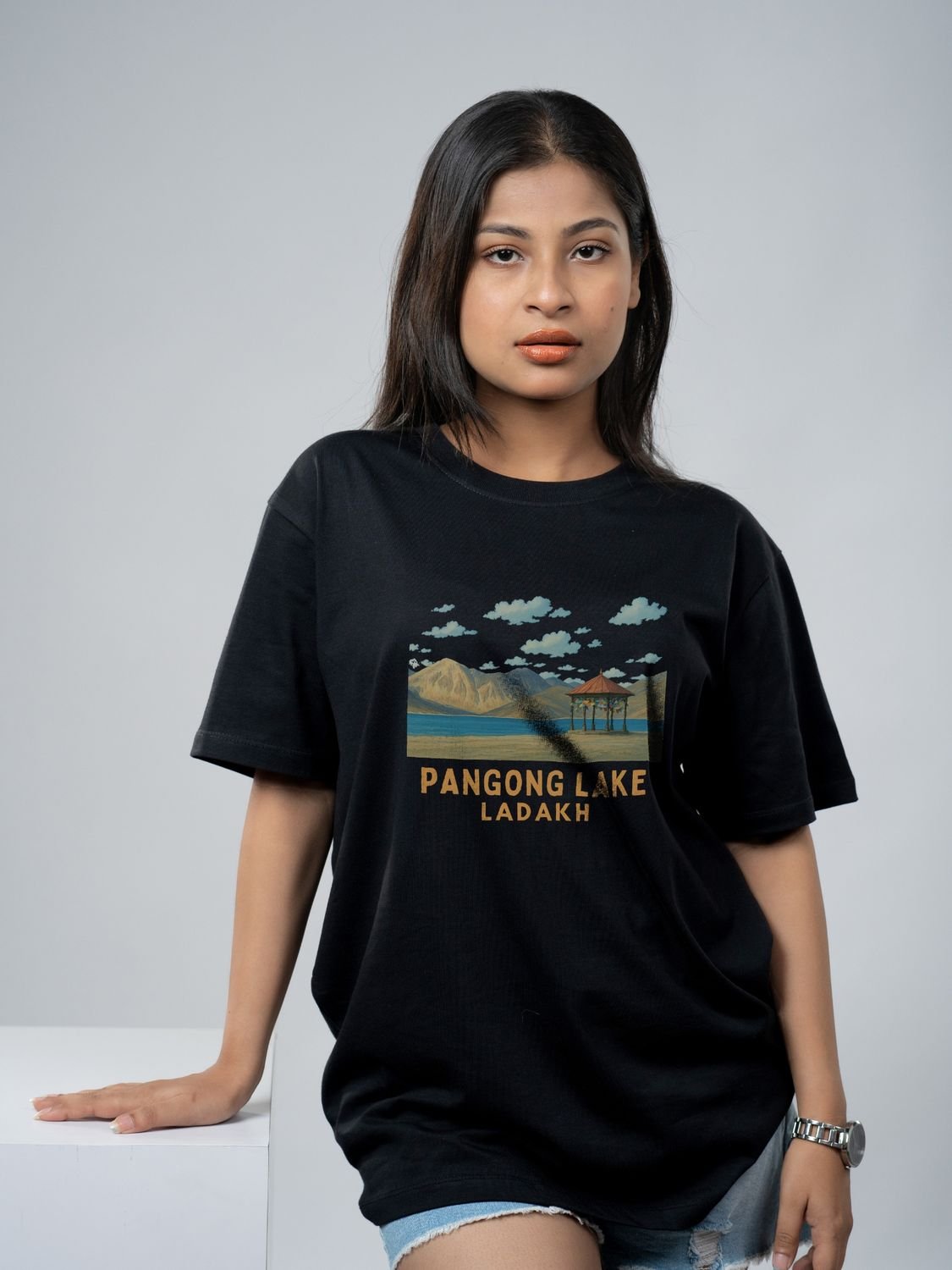 Roads to India® Men's Pure Cotton Travel T-Shirt – Pangong Tso Graphic Tee | Drop Shoulder, Unisex Regular & Oversized | 180/220 GSM | Half Sleeve, Round Neck | Sizes S–5XL | Black, Blue, White, Red