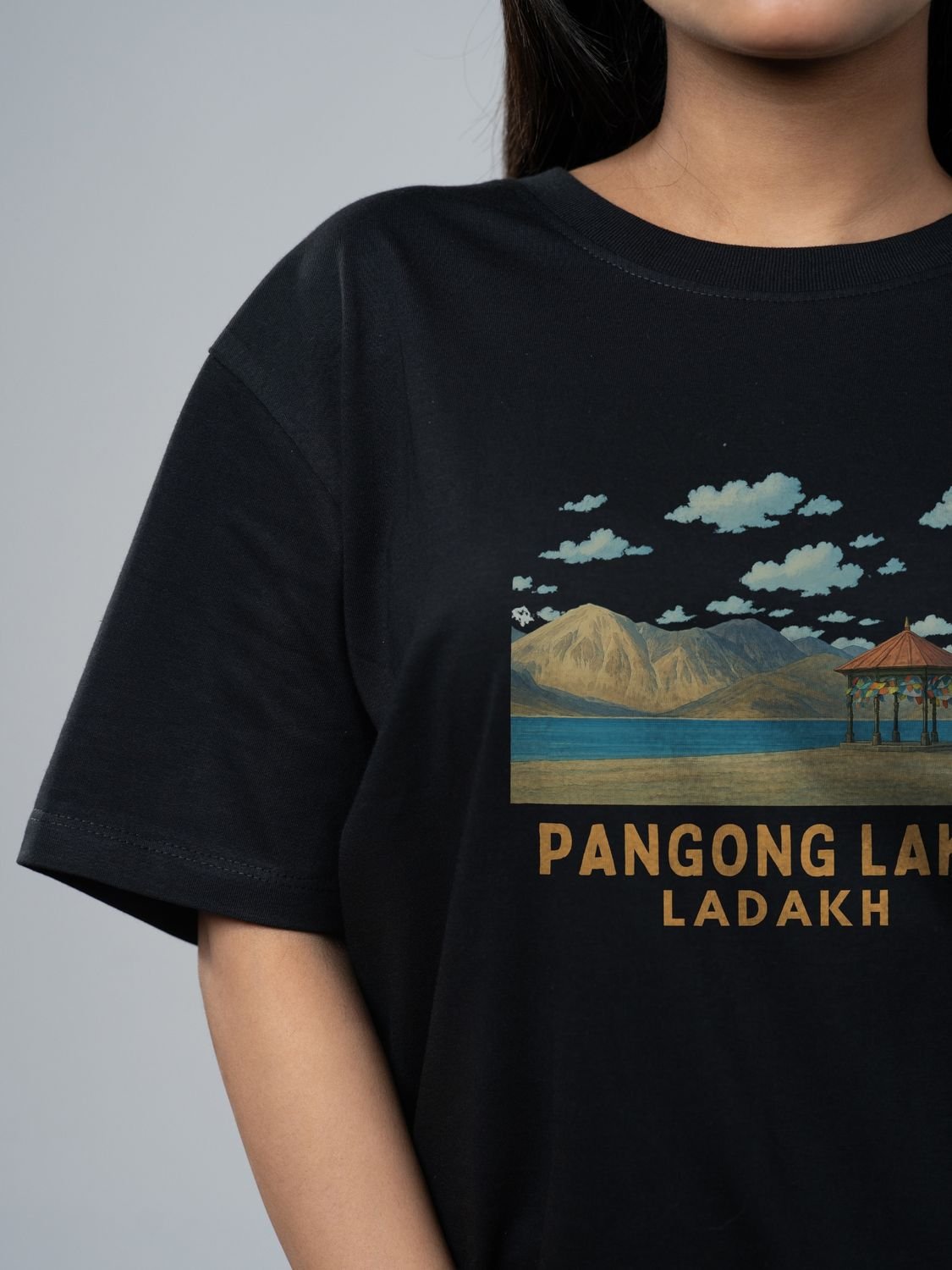 Roads to India® Men's Pure Cotton Travel T-Shirt – Pangong Tso Graphic Tee | Drop Shoulder, Unisex Regular & Oversized | 180/220 GSM | Half Sleeve, Round Neck | Sizes S–5XL | Black, Blue, White, Red