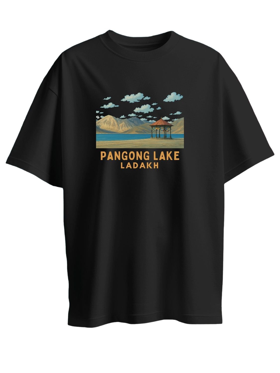 Roads to India® Men's Pure Cotton Travel T-Shirt – Pangong Tso Graphic Tee | Drop Shoulder, Unisex Regular & Oversized | 180/220 GSM | Half Sleeve, Round Neck | Sizes S–5XL | Black, Blue, White, Red
