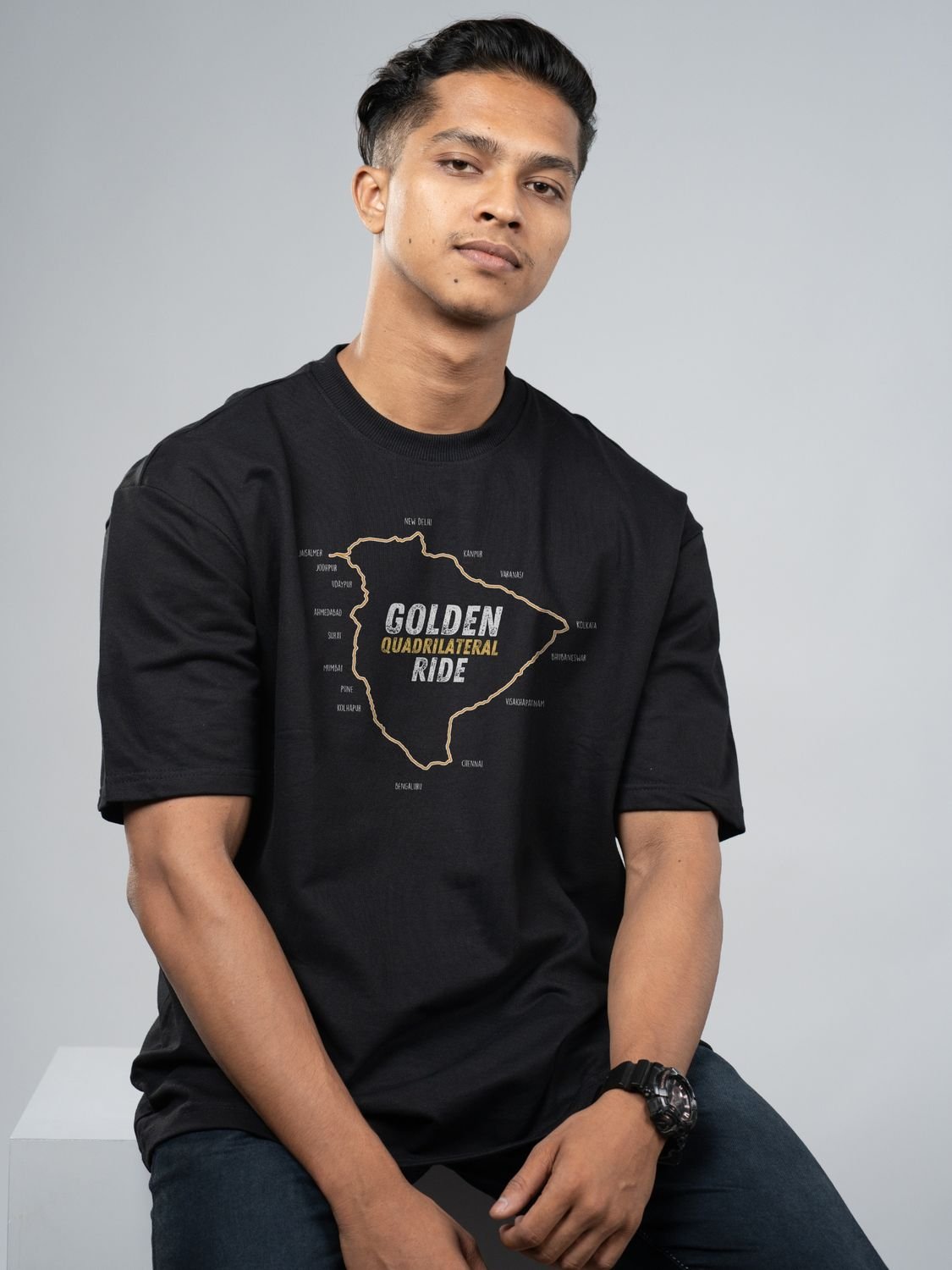 Roads to India® Men’s Travel T-Shirt – 100% Cotton Golden Quadrilateral Ride Graphic Tee | Unisex Regular & Oversized Fit| 180/220 GSM | Half Sleeve | S–5XL | Black, Navy Blue, Red, Olive Green