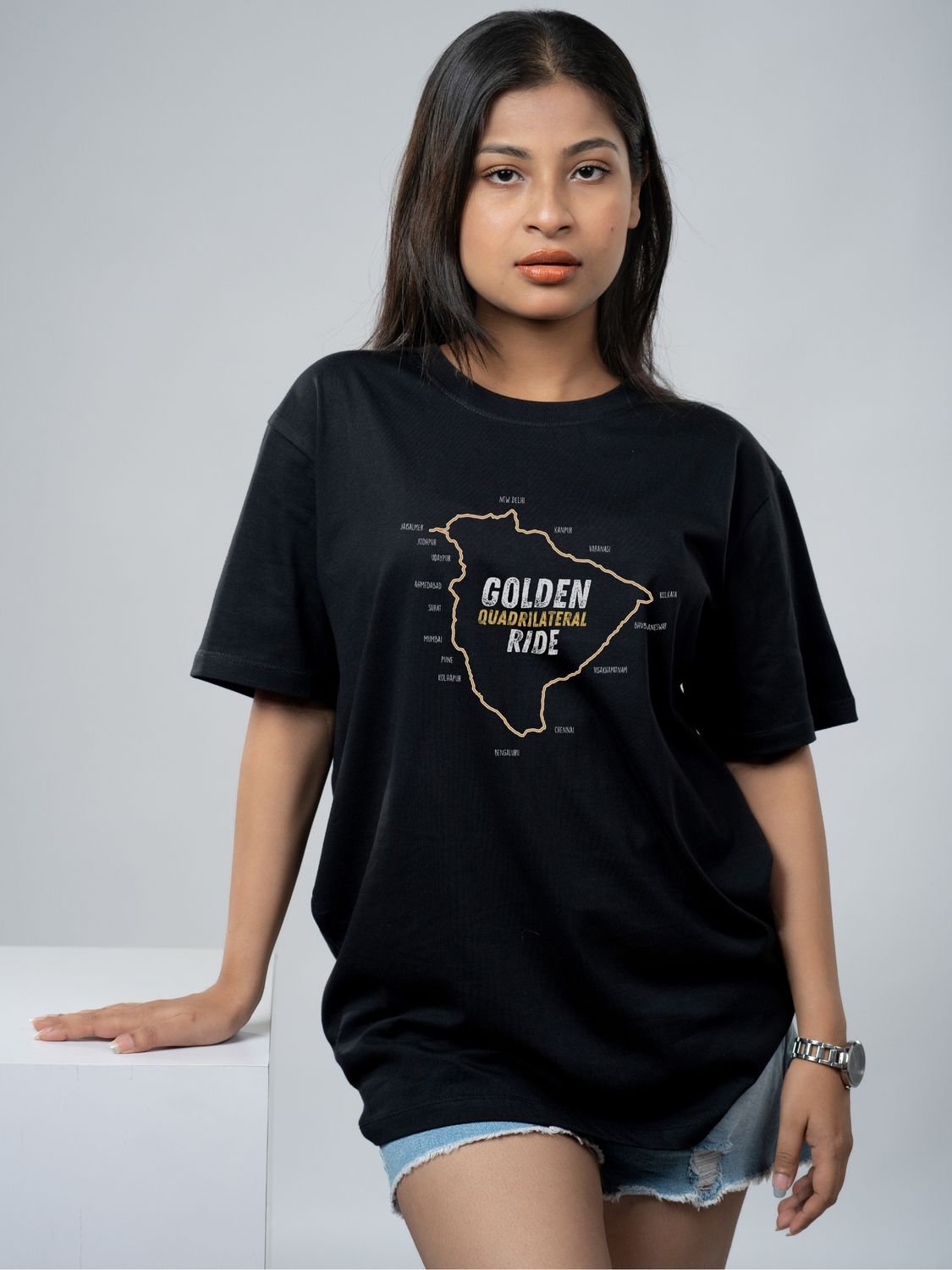 Roads to India® Men’s Travel T-Shirt – 100% Cotton Golden Quadrilateral Ride Graphic Tee | Unisex Regular & Oversized Fit| 180/220 GSM | Half Sleeve | S–5XL | Black, Navy Blue, Red, Olive Green